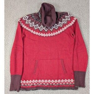 Eddie Bauer Nordic Red Wool Mohair Pullover Sweater Casual Pocket Cowl Neck Lrg